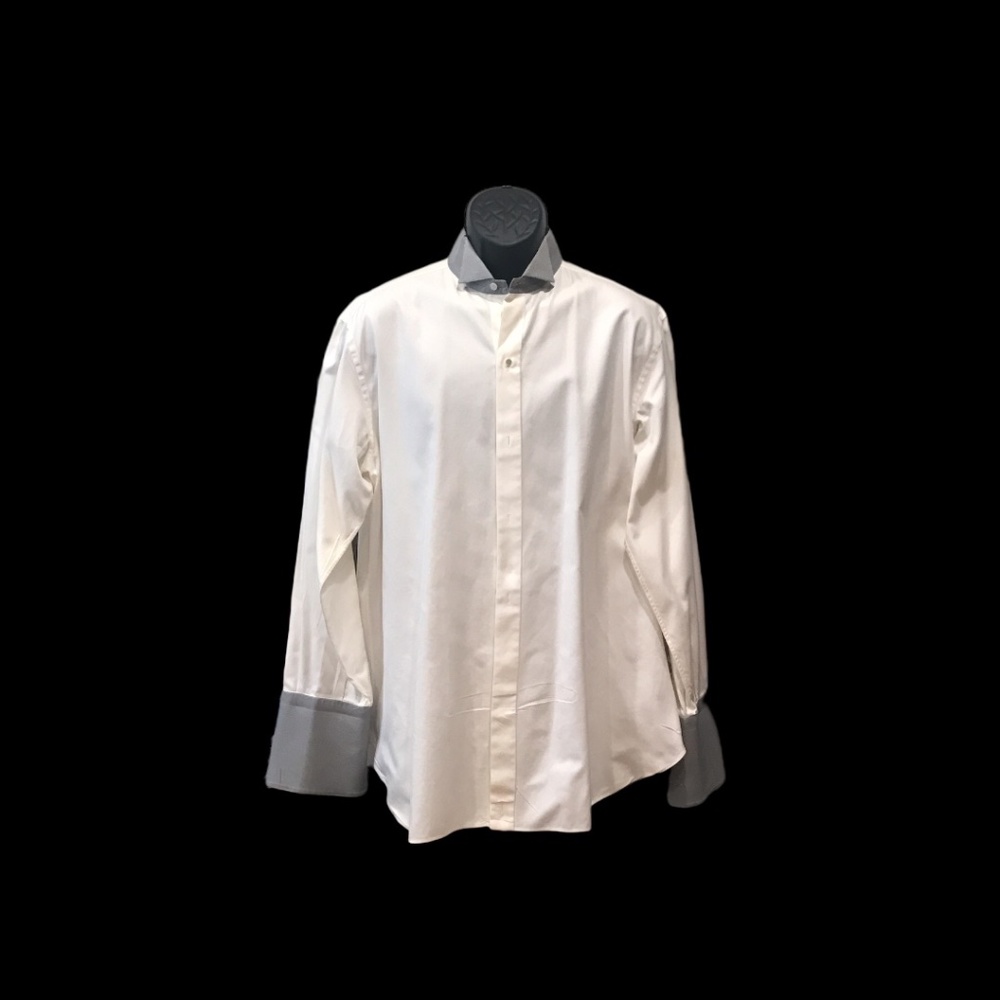 Brioni Tuxedo Shirt - French Cuffs.  White w/grey collar and cuffs.